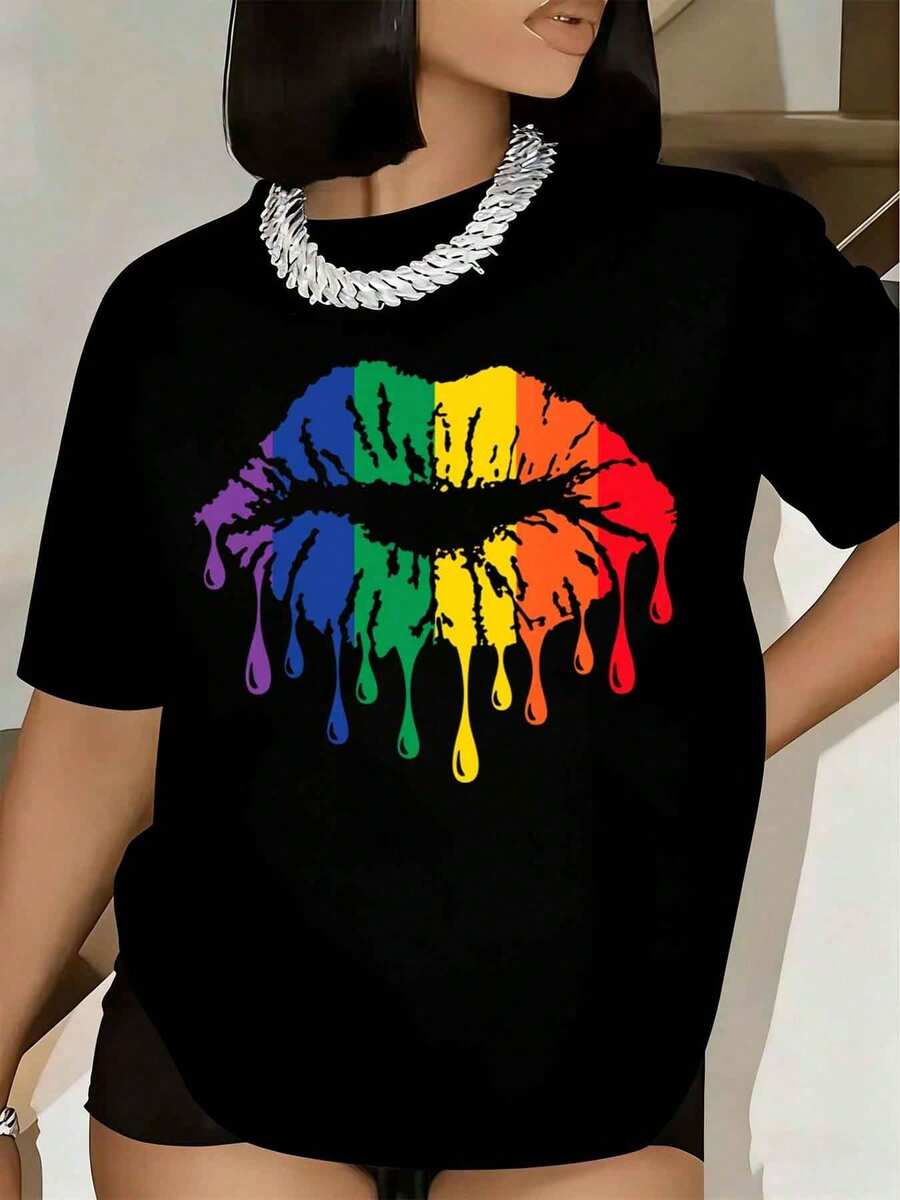 Camiseta de Mujer con Estampado de Labios Arcoíris, Manga Corta, Cuello Redondo, Estilo Casual de Verano, Actual en México - Negro - Ver 1