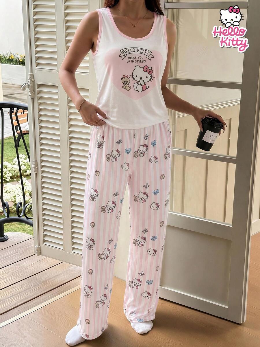SANRIO KT猫咪印花吊带背心和条纹阔腿裤两件套家居服,宽松显瘦,透气舒适,适合室内外穿着。 - 粉色 - 查看 1
