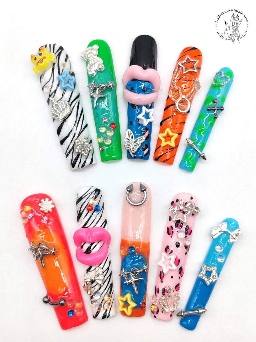 10片手工穿戴式美甲片,55mm方形甲尖,白色、綠色、橘色、紅色、藍色、粉色,3D粉色嘴唇、銀色蝴蝶結、銀色皇冠、星空裝飾、3D卡通螃蟹、水鑽點綴、黑色線條、斑點圖案,可愛個性化,適合夏季美甲、婚禮、畢業典禮、正式派對 - 彩色 - 查看 1