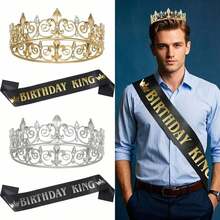 1/2 Pcs Birthday King Zinc Alloy Crown And Sash Set, Royal Gold King Crown For Men Party Decoration Prom Birthday Gifts For Men King Pageant Crown - View 3
