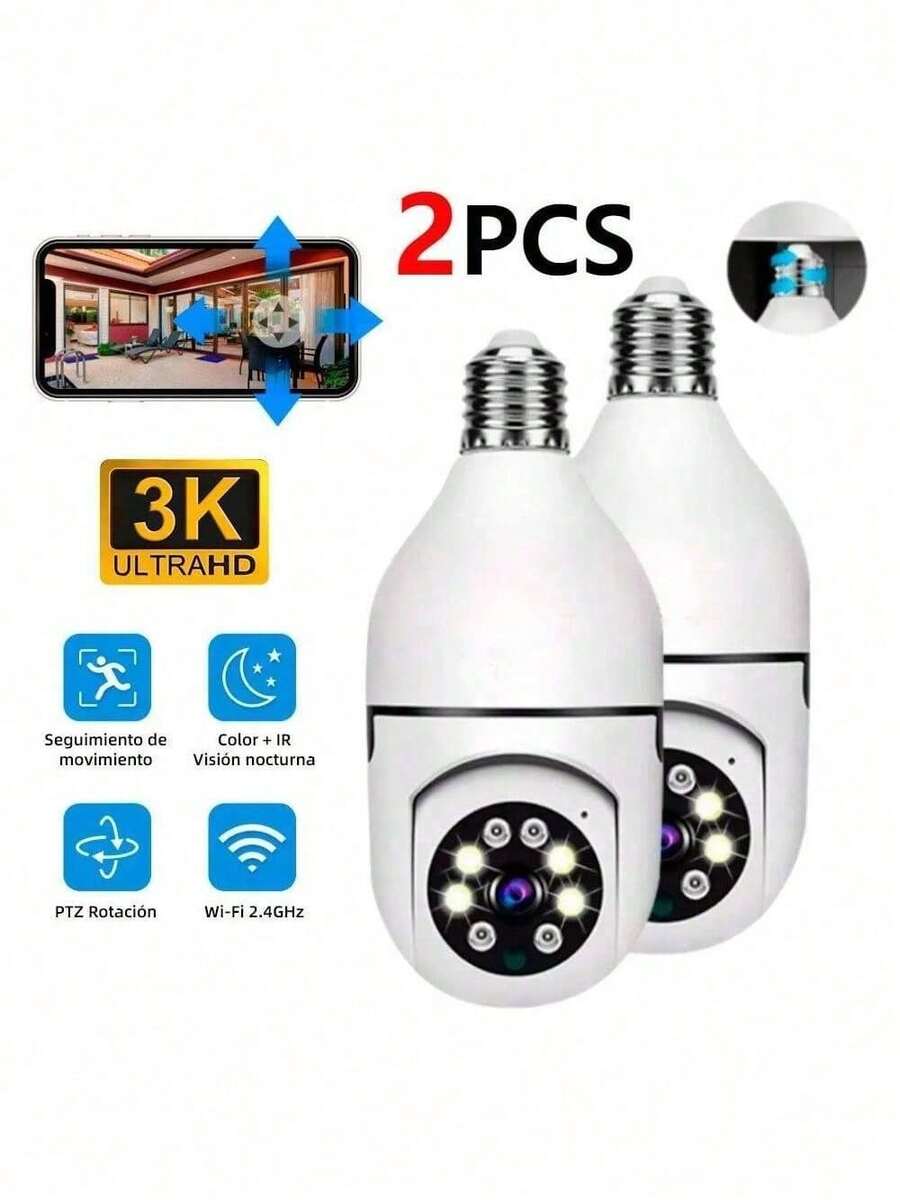 Cámara de vigilancia con bombilla Wifi de 1080P, Cámara De 1080p Wifi Hd E27, visión nocturna a color, rotación de 360°, seguimiento automático de personas, comunicación bidireccional, hogar inteligente - Blanco - Ver 1