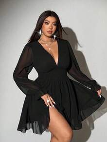 Viva Relle Vestido sexy con cuello en V profundo y dobladillo con volantes para tallas grandes - Celeste - Ver 6