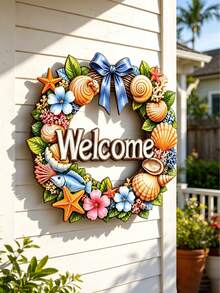 1 pieza Letrero de metal plano 2D "Bienvenido" - Placa de corona de conchas bohemia para la puerta principal, adecuada para decoración del hogar, adorno de habitación, decoración de jardín exterior, exhibición de número de casa, arte de pared de entrada, regalo ideal para familiares y amigos para inauguración de casa o cumpleaños - corona WL - Ver 11