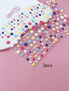 2pcs 3D/5D Embossed Relief Nail Stickers, Nails, DIY Decoration, Using Macaron Multi-Color Ditsy Floral Patterns, Colorful Hearts, Hand Drawn Cartoons, Cars, Planet Patterns, Suitable For Creating Spring And Summer Y2K, Cute Graffiti Style Nail Art - Multicolor - View 4
