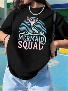 Mermaid Squad Grafik-T-Shirt, Frühling, 100 % Baumwolle, Rundhalsausschnitt, lockere Passform, Hip-Hop-Streetstyle - Schwarz - Übersicht 1
