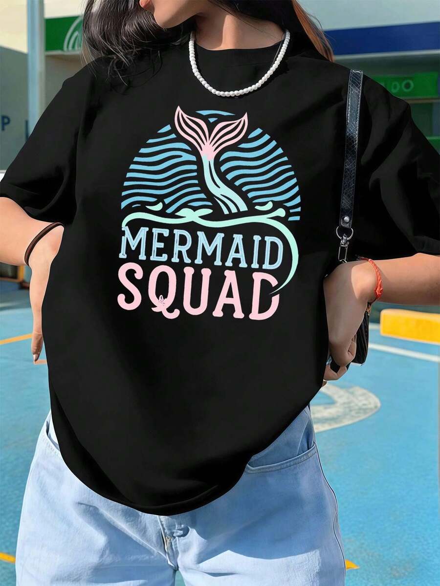 Mermaid Squad Grafik-T-Shirt, Frühling, 100 % Baumwolle, Rundhalsausschnitt, lockere Passform, Hip-Hop-Streetstyle - Schwarz - Übersicht 1