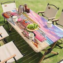 1pc Framed Elastic Tablecloth - Fashionable Pink Travel Car Pattern, Durable Polyester Rectangular Tablecloth, Suitable For Outdoor Camping, Family Picnic, Indoor And Outdoor Use, Lightweight And Machine Washable, Indoor Tablecloth | Vintage Tablecloth | Easy To Clean - A - View 1