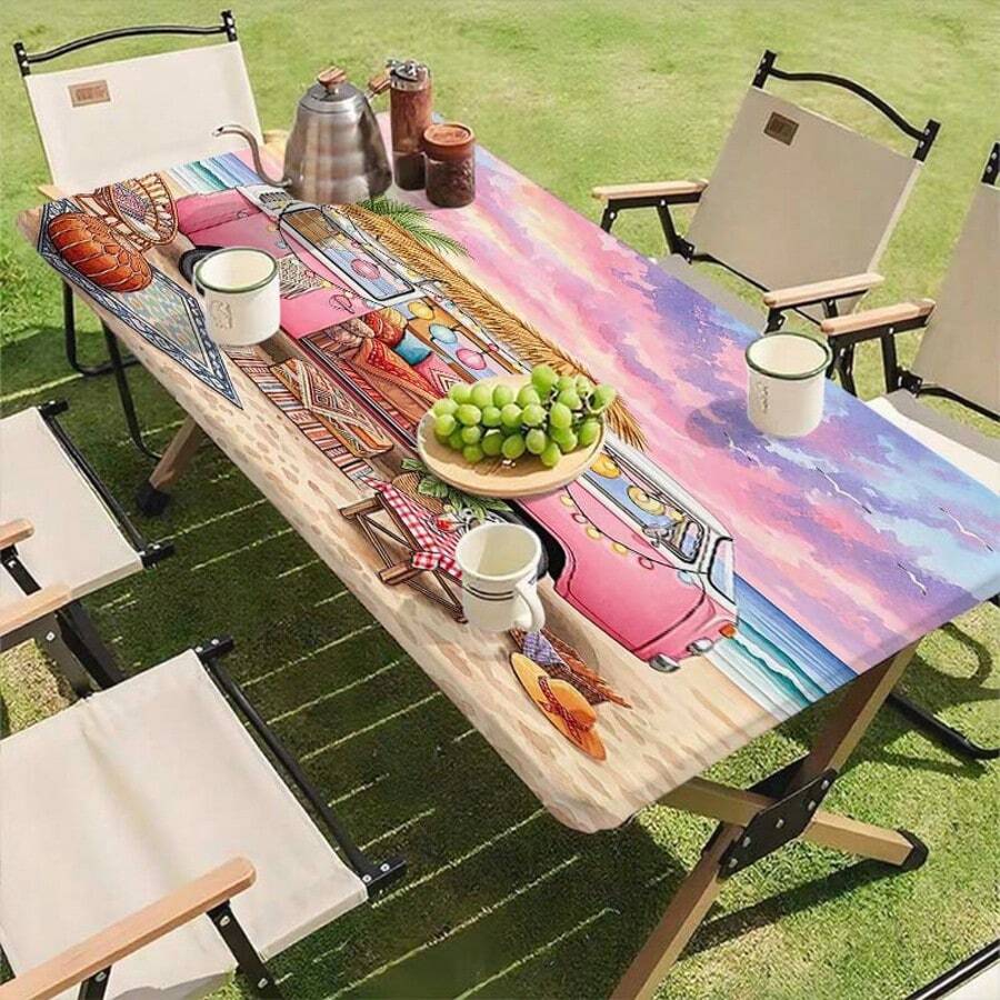 1pc Framed Elastic Tablecloth - Fashionable Pink Travel Car Pattern, Durable Polyester Rectangular Tablecloth, Suitable For Outdoor Camping, Family Picnic, Indoor And Outdoor Use, Lightweight And Machine Washable, Indoor Tablecloth | Vintage Tablecloth | Easy To Clean - A - View 1
