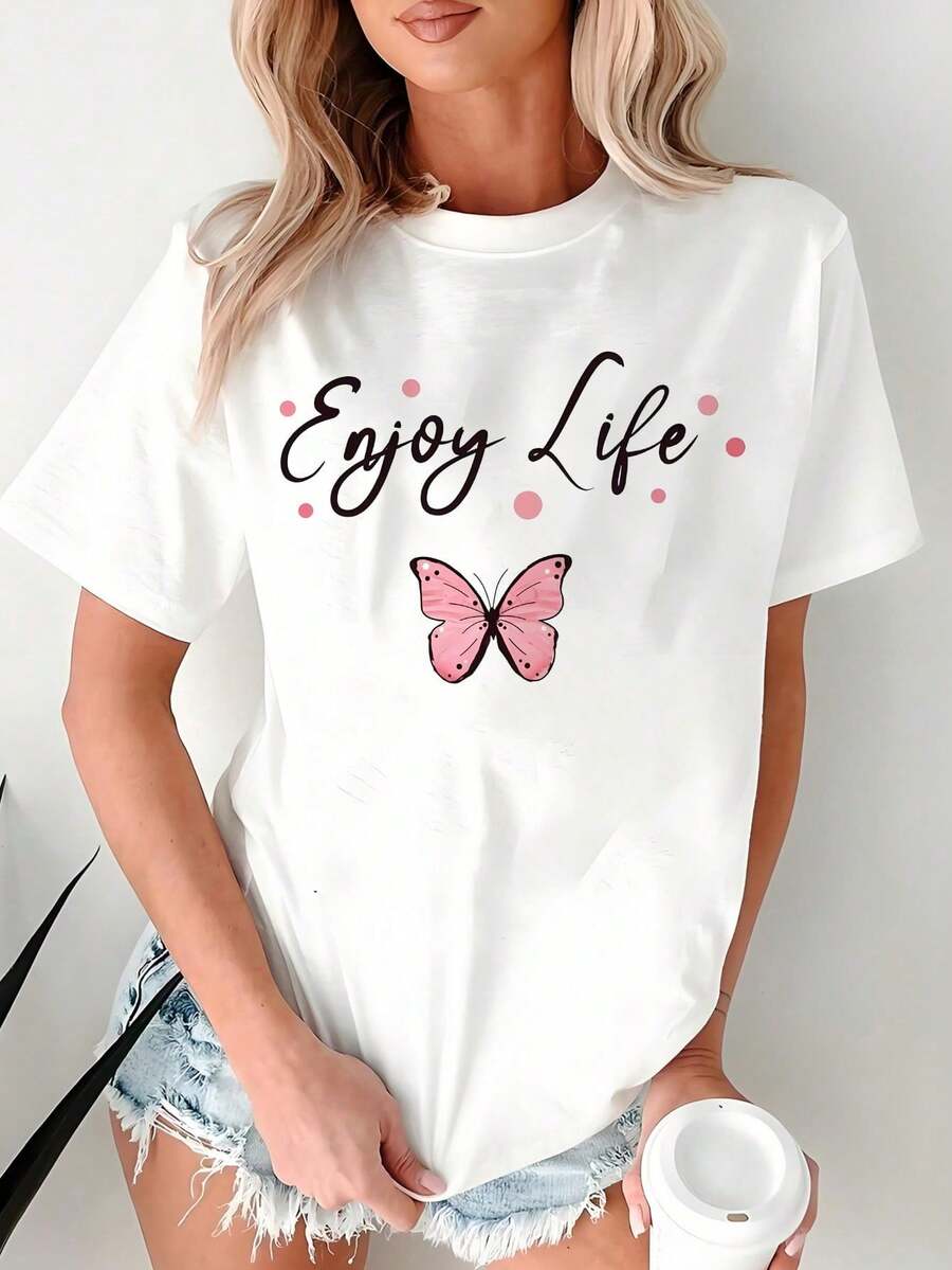 Women's White T-Shirt With Pink Butterfly Graphic, "Enjoy Life" Slogan Short Sleeve T-Shirt, Cute And Coquette Aesthetic Top, Casual Blouse - 白色 - 查看 1