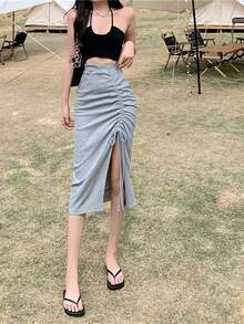 Falda ajustada de cintura alta en negro sólido para mujer, con cordón ajustable, abertura lateral, tela suave, para todas las estaciones, casual, de oficina, formal, elegante y versátil. - Negro - Ver 12