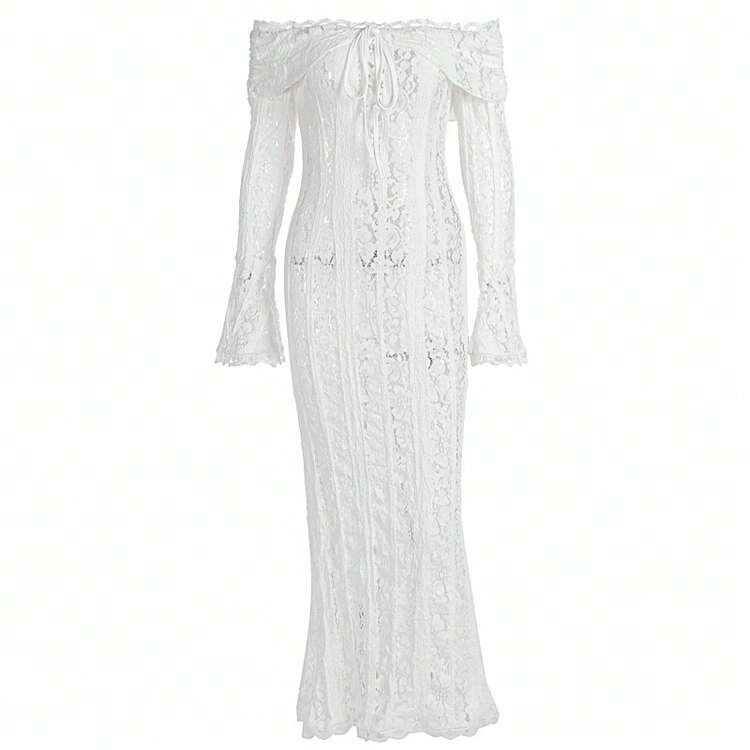 Vestido largo de encaje francés de estilo europeo y americano con mangas acampanadas y diseño sin tirantes. - Rosa - Añade 5