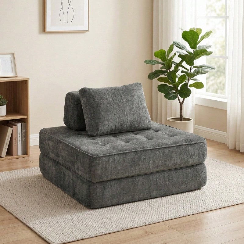2-In-1 Cloud-Type Folding Chair Bed, Made Of Chenille, With Thick Support Cushion, Grey Color. - Grey - View 1
