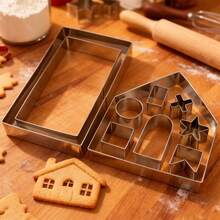 10-Piece 3D Gingerbread House Cookie Mold Set, Christmas Baking Kit With Stainless Steel Molds, Perfect For DIY Cookies, Pastries, And More. Easy To Assemble, Dishwasher , Ideal For Crafts And Gift Wrapping. - Silver - View 1