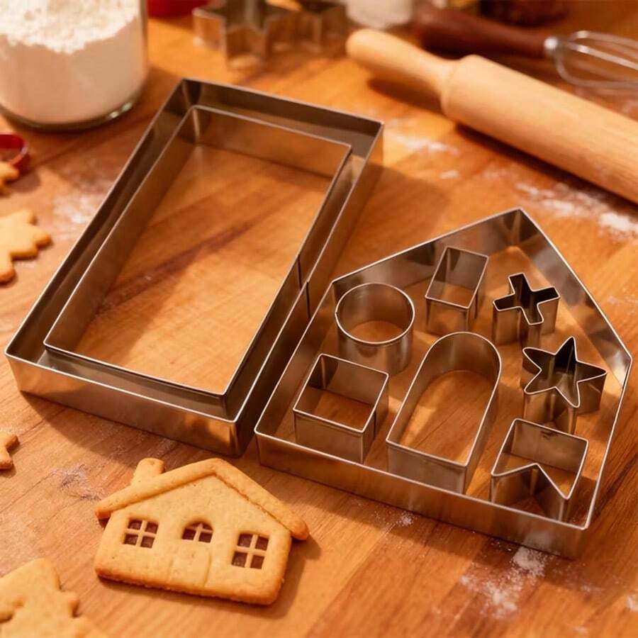 10-Piece 3D Gingerbread House Cookie Mold Set, Christmas Baking Kit With Stainless Steel Molds, Perfect For DIY Cookies, Pastries, And More. Easy To Assemble, Dishwasher , Ideal For Crafts And Gift Wrapping. - Silver - View 1