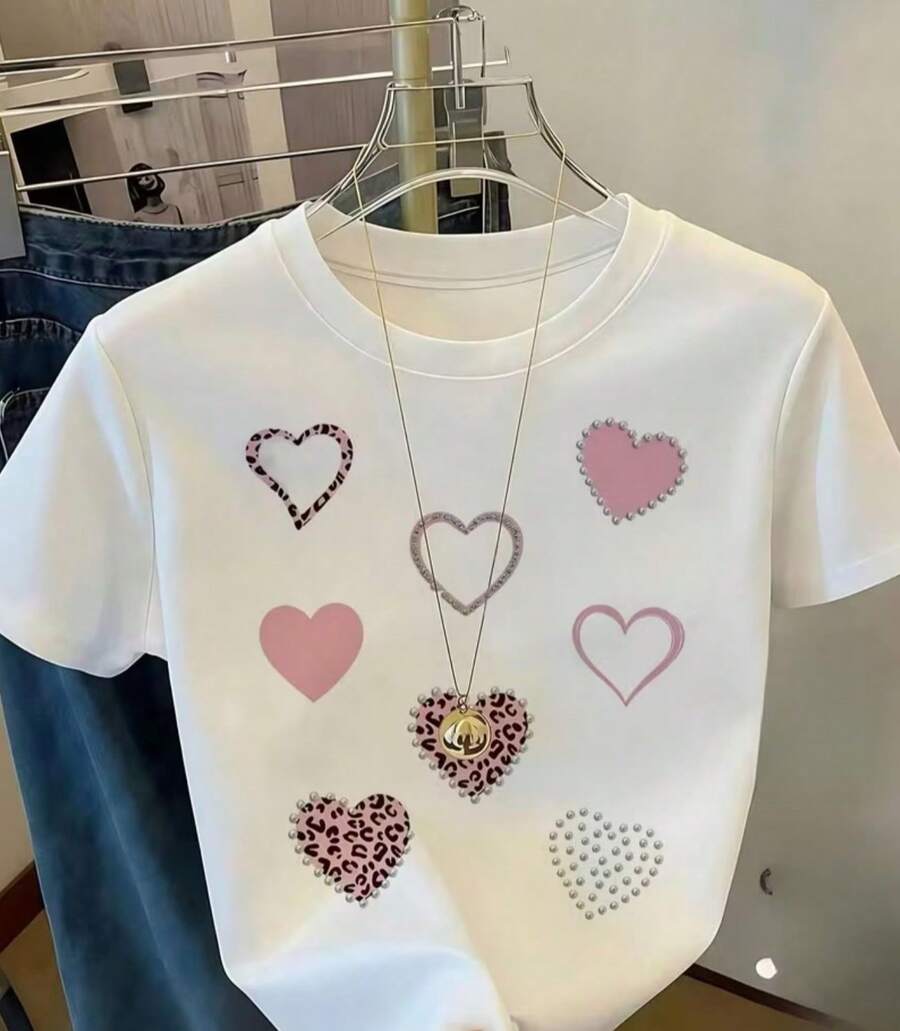 Camiseta con estampado de corazones, camisa de talla grande para hombre, camiseta de manga corta informal de moda de verano, ropa deportiva para exteriores, ropa casual adecuada para hombres - Blanco - Ver 1