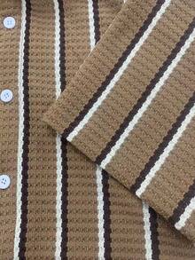 Men's Summer New Knit Random Striped Texture Collared Short Sleeve Shirt With Matching Drawstring Shorts Plus Size 2-Piece Set - Coffee Brown - View 5