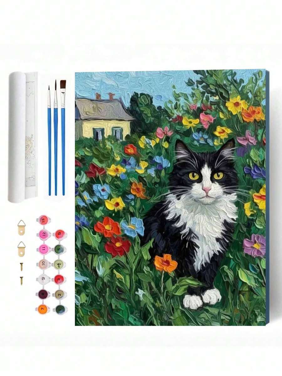 1pc Oil Painting Set, Cat In The Garden, Handmade Canvas Art, Suitable For Adult Beginners, DIY Frameless Digital Oil Painting, Home Wall Decor Gift