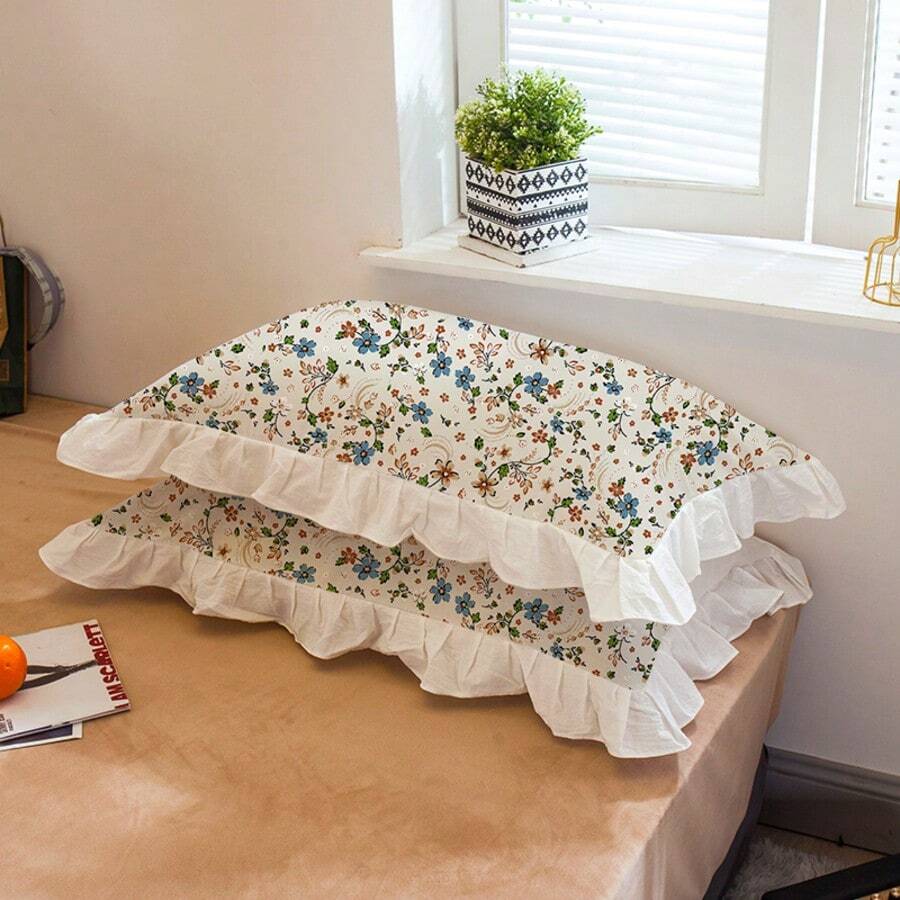 2 piezas/Set Par de fundas de almohada con borde de volantes estampadas, cómodas, transpirables, amigables con la piel, suaves y lavables a máquina, fundas de almohada estilo princesa con borde de volantes (relleno de almohada no incluido), simple y elegante, adecuado para dormitorio de estudiante, dormitorio, ropa de cama de hotel, todas las estaciones - Multicolor - Ver 1
