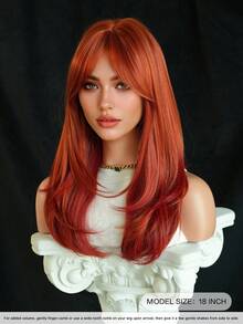 7JHH WIGS 中長款橘色分層假髮，附簾幕瀏海，18英吋蓬鬆耐熱合成纖維全機製假髮，適合女性派對穿著、萬聖節與節慶 Cosplay 及日常使用 - 橘色 - 查看 4