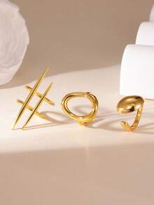 GEREIT Juego de 3 anillos de acero inoxidable chapados en oro de 18K con patrón geométrico asimétrico, adecuados para el uso diario de las mujeres - Dorado - Ver 3