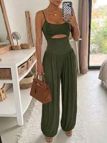 Women Spaghetti Strap Midriff Cutout Jumpsuit High Waist Gathered Harem Pant Romper Elastic Ankle Cuff Relaxed Fit Casual Daily Street Party Outfit - Army Green - View 8
