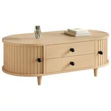 Table basse ronde avec portes enroulables, table basse à 2 tiroirs, table d'appoint, table de salon en MDF, console avec pieds en bois massif, 100 * 50 * 36 cm, charge maximale 50 kg - Bois naturel - Voir 1