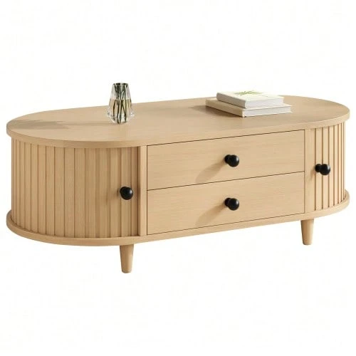 Table basse ronde avec portes enroulables, table basse à 2 tiroirs, table d'appoint, table de salon en MDF, console avec pieds en bois massif, 100 * 50 * 36 cm, charge maximale 50 kg - Bois naturel - Voir 1