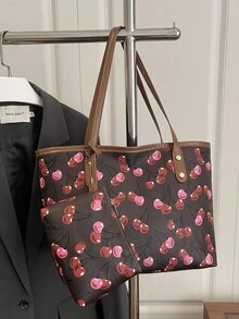 1件女款休閒通勤包，大容量新款極簡百搭單肩包，時尚小眾設計壓紋托特包，舒適獨特肩帶，適合大學生上課/購物/出遊/商場逛街/約會/度假 - 黑色 - 查看 8