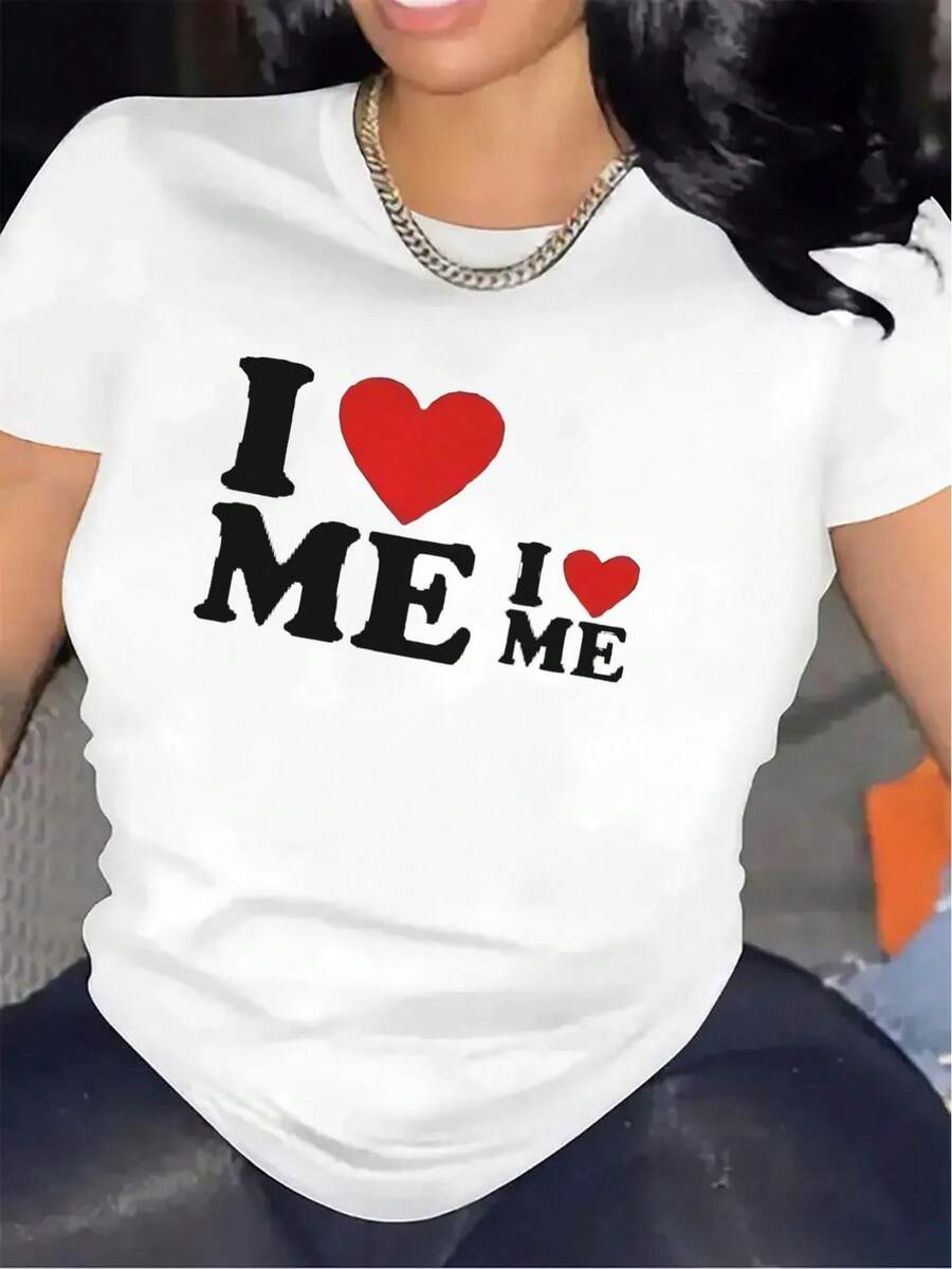 Women's Bohemian Short Sleeve T-Shirt, 100% Cotton, With "I Love Myself" Print, Made From Lightweight And Durable Fabric, Perfect For Home, Work Or Casual Outings - 白色 - 查看 1