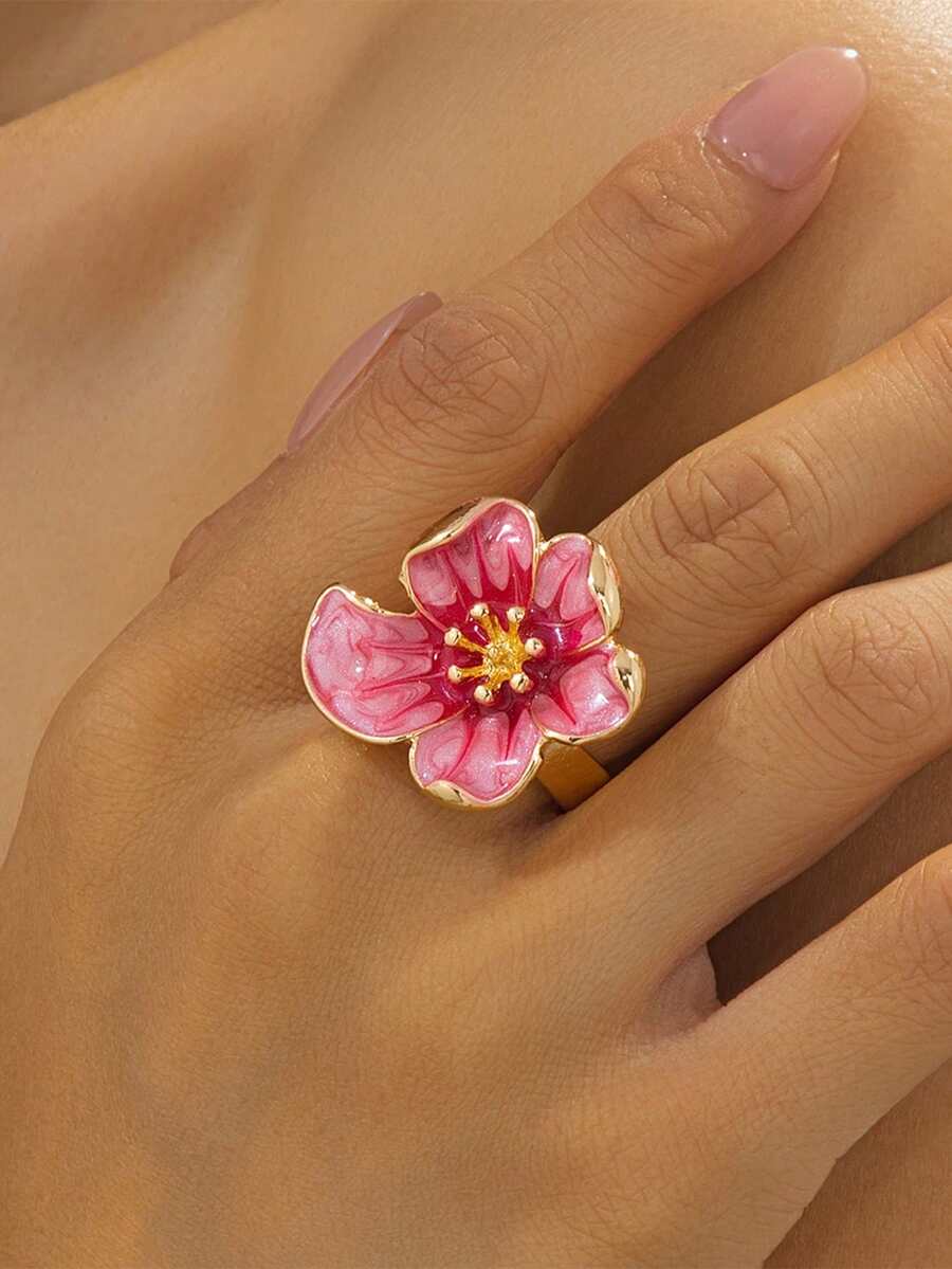 1件女款清新溫柔琺瑯粉色3D花蕊5瓣花朵戒指,適合日常佩戴、約會與度假 - 粉色 - 查看 1