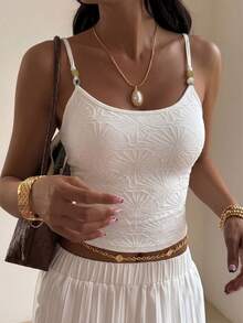 女款春夏新款純色紋理珠飾優雅細肩帶背心，時尚休閒，適合度假、海灘、假期、日常穿著、通勤、約會、派對 - 白色 - 查看 2