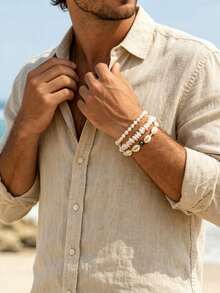 3pcs/Set Men's Beach Layered Bracelet Set: Seashell, Pearl, Evil Eye Stone Beaded Bracelets, Bohemian Style Vacation And Daily Wear Jewelry - White K - View 4
