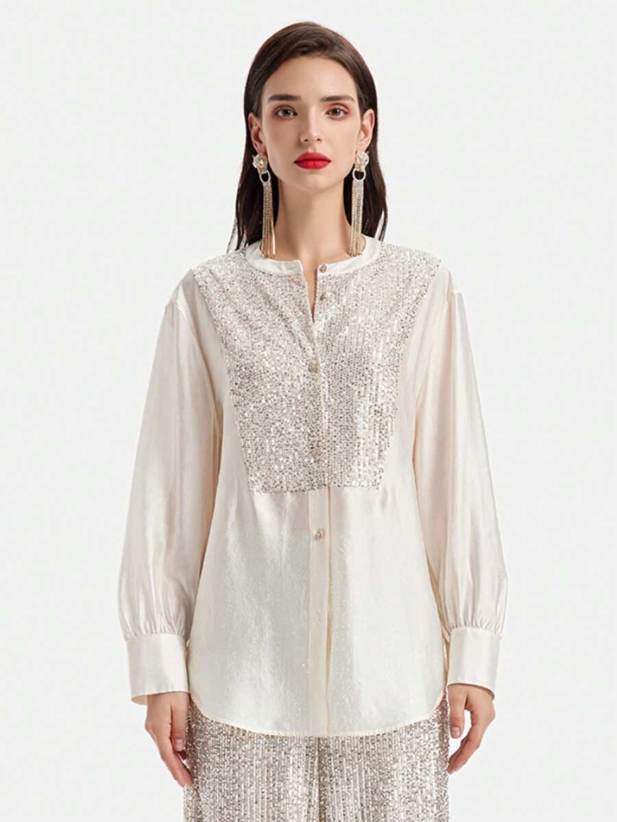 Rich Radi Q's Elegant Women's Round Neck Long Sleeve Blouse, Woven Fabric, Regular Length Fashion Top - Light Yellow - View 1
