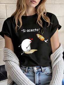 Women's Plus Size Soft Cotton T-Shirt With A Cute Egg And Corn Design, Si Acecto Print, Fun Food And Humor Graphic,  Casual Top, Women's Dresses - 黑色 - 查看 1