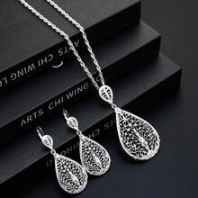 Juego de 3 piezas de joyería marroquí de moda, collar colgante floral hueco chapado en oro y pendientes colgantes en forma de lágrima, accesorios árabes a juego para mujer - Collar+pendientes - Ver 9