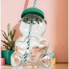 Tasse en verre vintage motif ours mignon – Gobelet ours en peluche avec couvercle en forme de chapeau et paille rayée pour café et boissons froides - défaut - Voir 9
