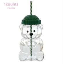 Tasse en verre vintage motif ours mignon – Gobelet ours en peluche avec couvercle en forme de chapeau et paille rayée pour café et boissons froides - défaut - Voir 12