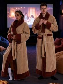 Super Warm Long Pile Lamb Fleece House Robe, Brown Contrast Trim Soft Fluffy Brushed Fabric, Plus Size Loose Couple Loungewear, Unisex, Winter Indoor Bedroom Set, Suitable For Movie Night And Lazy Weekend, Comfortable Home Relaxation Short Robe Gift - Multicolor - View 9