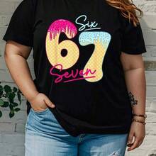 67 Camiseta de Moda para Mujer con Estampado de Logo - Manga Corta, Cuello Redondo, Top de Algodón, Blusas Casuales para Dama, Conjuntos Casuales para Mujer - Negro - Ver 1