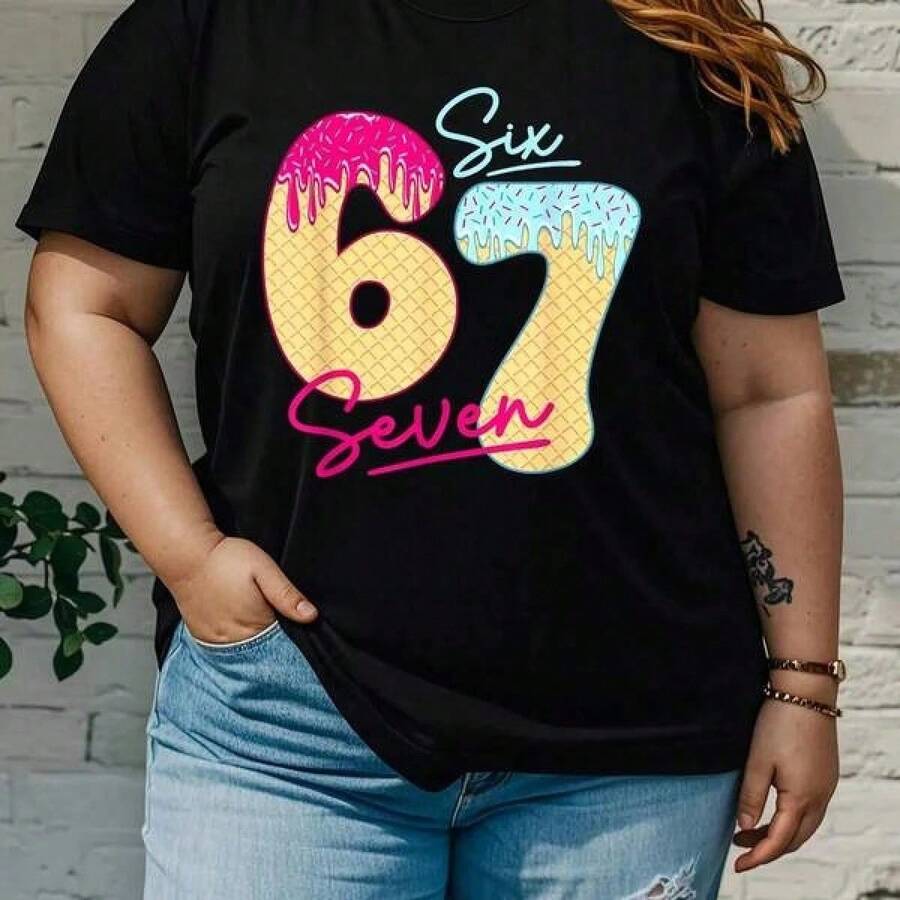 67 Camiseta de Moda para Mujer con Estampado de Logo - Manga Corta, Cuello Redondo, Top de Algodón, Blusas Casuales para Dama, Conjuntos Casuales para Mujer - Negro - Ver 1