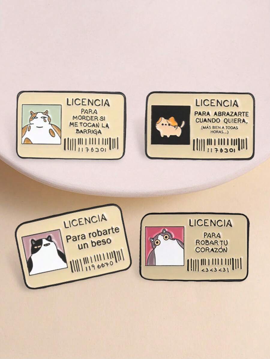 4Pcs Spanish Love License Cat Enamel Pins Set Cute Fat Kitten ID Card Lapel Brooch Couple Valentine Gift