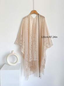 1件純色優雅聚酯纖維女款披肩，四季防曬披風，長款蕾絲開襟衫 - 杏色 - 查看 2