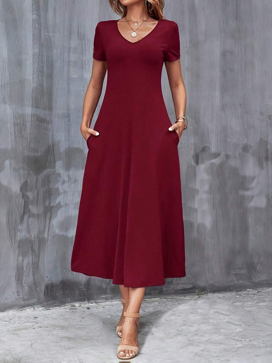 Casual V-Neck Short Sleeve Dress With Pockets. Solid Color, Machine Washable, Versatile For All Seasons. - 酒紅色 - 查看 1