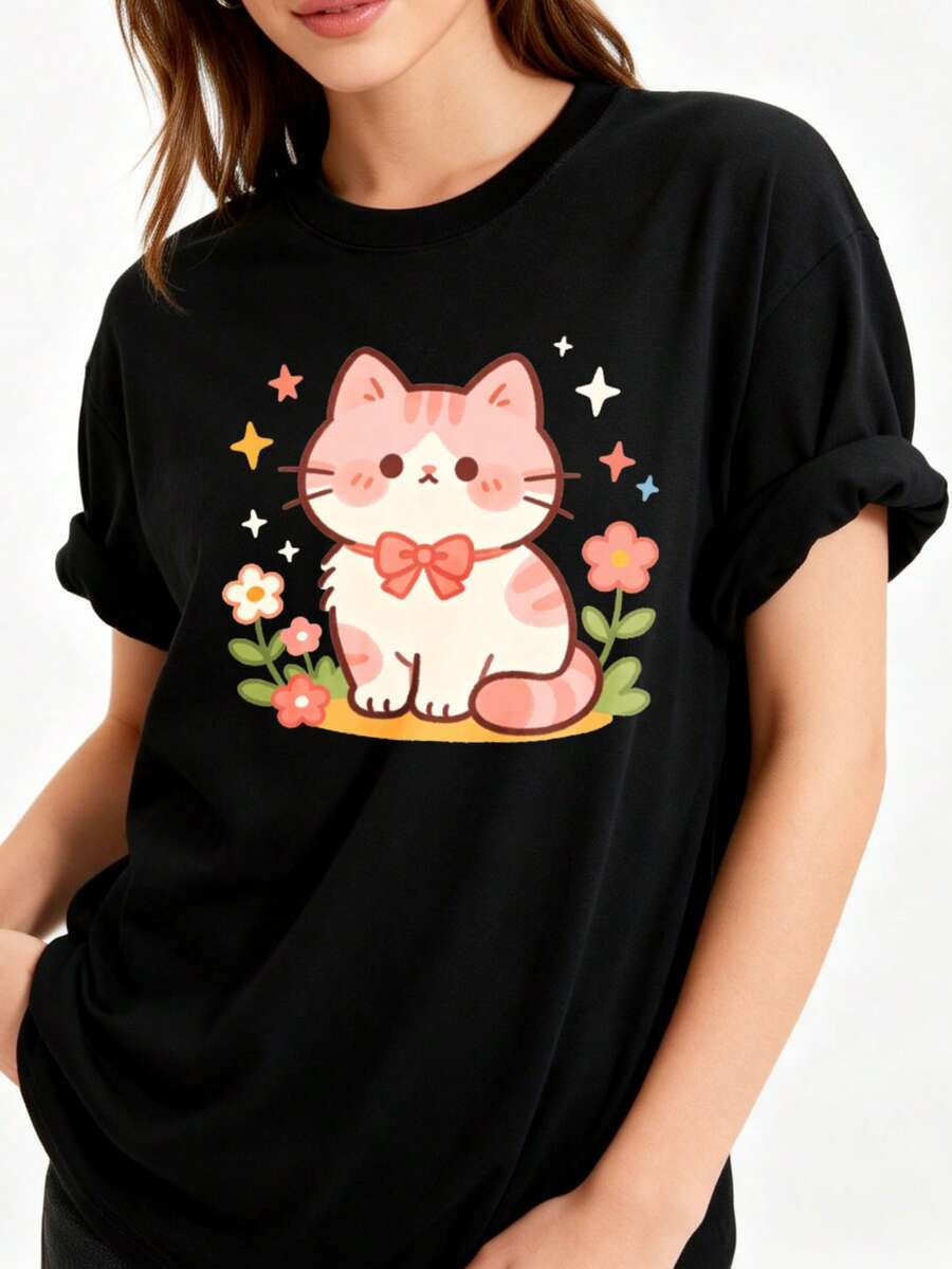 Camisetas de mujer de talla grande - Camiseta de cuello redondo 100% de gran tamaño con diseño de gato lindo y kawaii, estampado floral y de estrellas, ropa casual de verano, regalo de gradu - Negro - Ver 1
