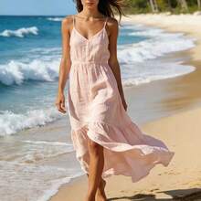 Vestido de playa elegante y sexy para mujer, con espalda descubierta y tirantes largos, ideal para vacaciones de verano en Europa y América. - Burdeos - Ver 4