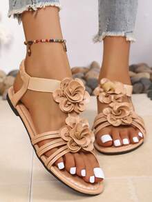 Fashion Women's Floral Decor Flat Sandals Bohemian Style Roman Sandals Elegant Comfortable Outdoor Women's Shoes Plus Size Soft Sole Open Toe Cross Strap Back Elastic Ankle Strap Design Suitable For Beach Vacation Dating Commuting Daily Wear - Apricot - View 2