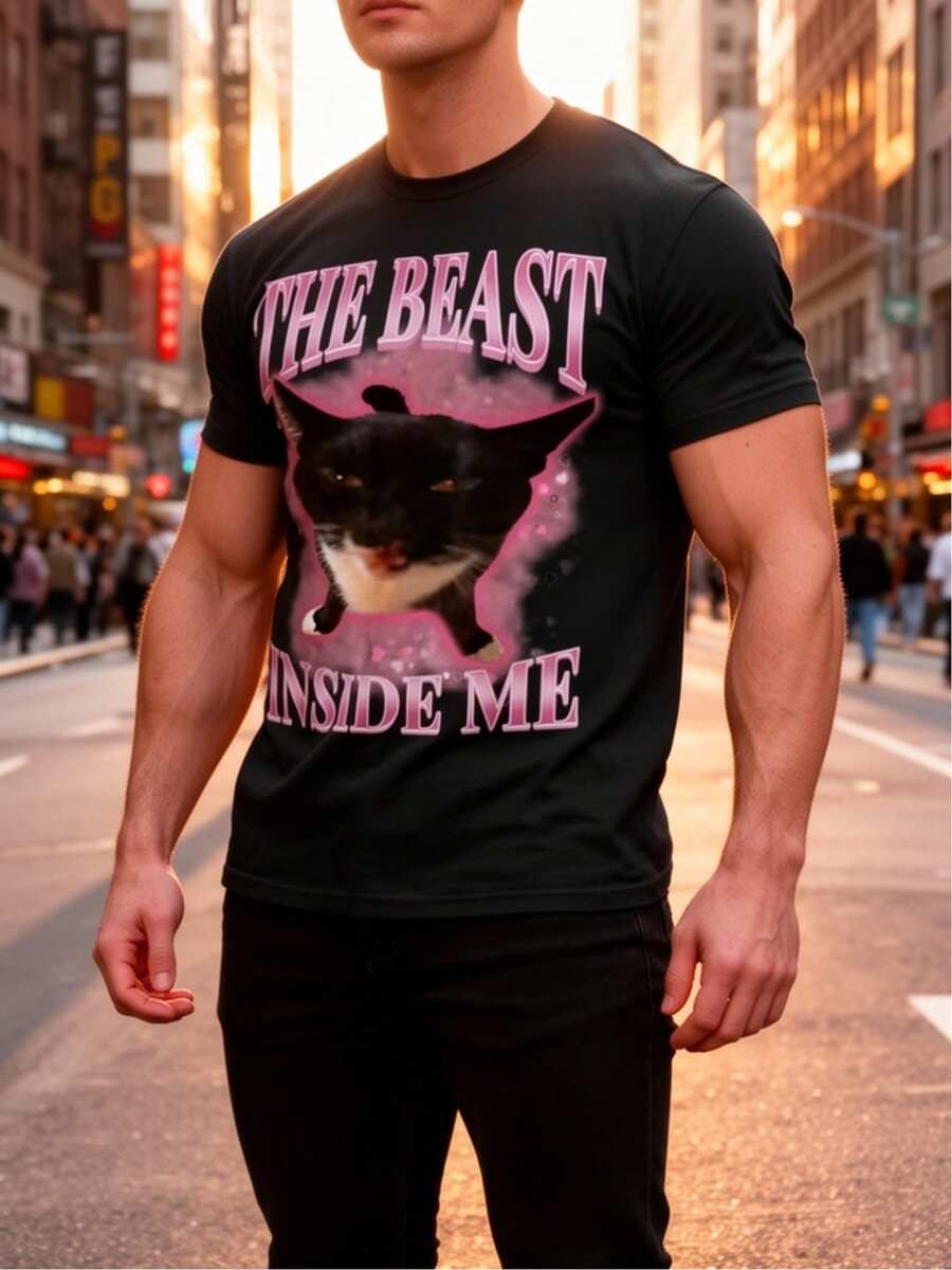 Camiseta única con diseño y2k destacando un gato encantador titulada El Bestia Dentro de Mí perfecta para los amantes de la moda alternativa y las  de México ideal para combinar en - Negro - Ver 1