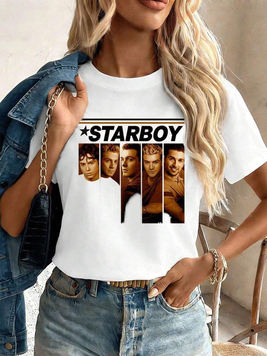 Collage Print T-Shirt, Modern Portrait, Round Neck, Basic, Urban Style, Casual Fashion, Streetwear, Urban Women's Clothing, Summer, Everyday Wear - 白色 - 查看 1