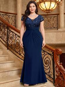 Plus Size Elegant Deep V-Neck Sequin Floral Lace Ruched Twisted Waist Mermaid Hem Formal Evening Gown, Birthday Outfit Party Vacation Wedding Fall - Navy Blue - View 4