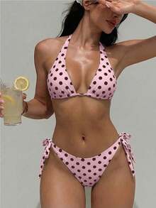 2 piezas Top de bikini con cuello halter elegante, espalda abierta y lazo en la espalda, Bottom de bikini con lazo lateral en la cintura, lunares, para playa, piscina, deportes acuáticos y - Rosa - Ver 1